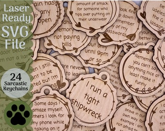 Keychain Bundle SVG file for Glowforge and Laser Cutters, 24 Sarcastic Humor Keychain SVG Files, Scrap Project Glowforge Idea Funny