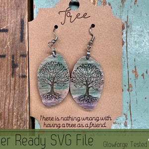 May include: A pair of wooden earrings with a laser-cut design of a tree with roots. The earrings are oval-shaped and have a light green, blue, and pink color scheme. The text "There is nothing wrong with having a tree as a friend." is printed below the earrings.