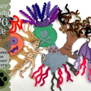 May include: A set of five Halloween-themed wooden cutouts with pipe cleaner embellishments. The cutouts include a ghost, a cauldron, a bat, a zombie, and a tree. The cutouts are painted in various colors, including purple, green, brown, orange, and gray. The pipe cleaners are in various colors, including purple, brown, orange, and pink. The cutouts are laser-cut and ready to be assembled.