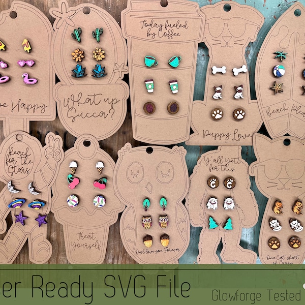 30 Stud Earrings with Earring Cards SVG File for Laser Cutters, Glowforge Ready Jewelry File, Includes 10 Score Ready Cards