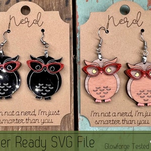 Nerd Owl Dangle Earring Set met Earring Card SVG File voor Laser Cutters, Glowforge Ready Sieraden, Score Ready Card for Display