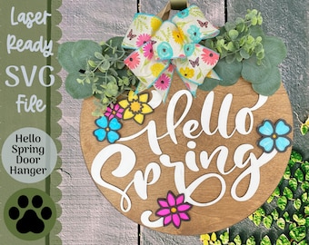 SVG File Hello Spring Door Hanger Laser Ready Design, Glowforge SVG file for Front Door Sign, Spring Decor SVG Laser Project