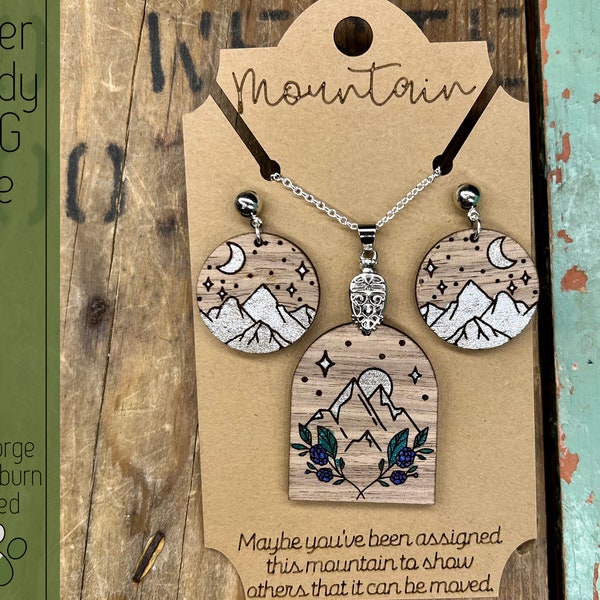 Mountain Earring and Pendant Set SVG File for Laser Cutters, Glowforge Ready Jewelry File Includes Score Ready Jewelry Card Laser Earring