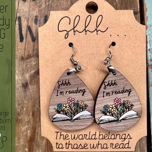 Shh I&#39;m Reading Earring Set with Earring Card SVG File for Laser Cutters, Glowforge Ready Jewelry, Score Ready Cards, Laser Earring SVG
