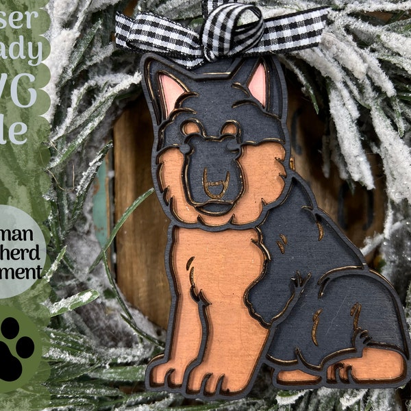 German Shepherd Ornament SVG File for Laser Cutters, Dog Glowforge Ready Ornament, Christmas Ornament Adorable Puppy Dog