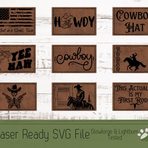 以下が含まれることがあります： カウボーイとロデオをテーマにした、レーザーカットされた革のパッチ10個セット。パッチには、カウボーイハット、馬に乗ったカウボーイ、銃を交差させた骸骨、そして「Yee Haw」というフレーズなど、さまざまなデザインが施されています。パッチは、GlowforgeまたはLightburnレーザーカッターで使用するために設計されています。