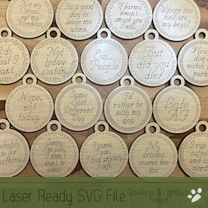 Keychain Bundle SVG file for Glowforge and Laser Cutters, 18 Scorable Humor Magnets or Keychain Files Scrap Project Funny, Round Blank File