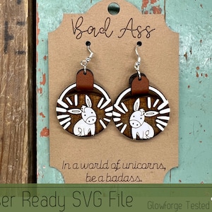 Donkey Dangle Earring Set with Bad Ass Earring Card SVG File for Laser Cutters, Glowforge Ready Jewelry, Score Ready Card for Display