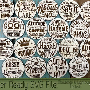 Arquivo SVG de pacote de chaveiro para Glowforge e cortadores a laser, 18 ímãs de humor sarcasmo ou arquivos de chaveiro Projeto de sucata engraçado, arquivo redondo em branco