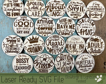 Keychain Bundle SVG file for Glowforge and Laser Cutters, 18 Sarcasm Humor Magnets or Keychain Files Scrap Project Funny, Round Blank File