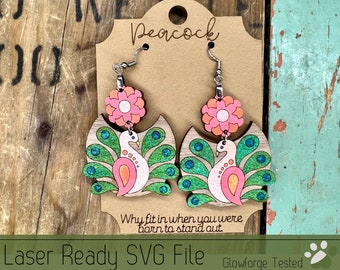 Påfågelörhängesset med örhängeskort SVG-fil för laserskärare, Glowforge Ready Jewelry, Score Ready Cards