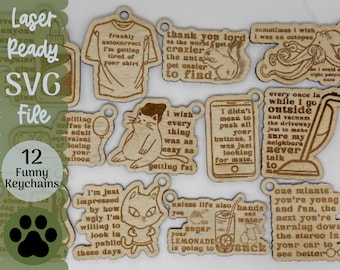 Keychain Bundle SVG file for Glowforge and Laser Cutters, Humor 12 Keychain SVG Files, Scrap Project, Glowforge Idea, Funny Keychains