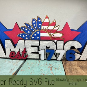 America 4th of July Shelf Sitter SVG File for Laser Cutters, Glowforge Sign Idea, Patriotic Stars and Stripes Shelf Decor, Laser Cut File