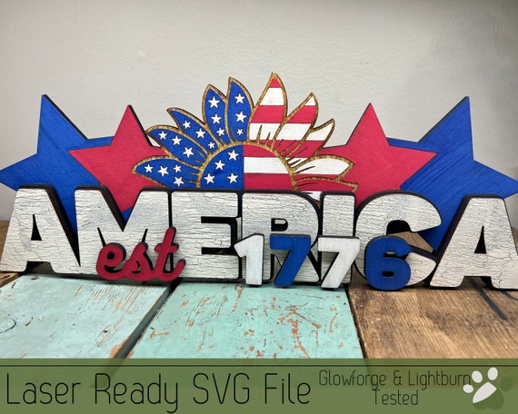 America 4th of July Shelf Sitter SVG File for Laser Cutters, Glowforge Sign Idea, Patriotic Stars and Stripes Shelf Decor, Laser Cut File