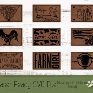 May include: Nine different laser-cut designs for leather crafts. The designs include a cow, rooster, tractor, farmhouse, and the words "Farm Life", "Farm Girl", "Farm Fresh", and "Farm Girl".