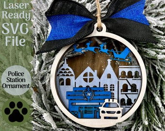 Police Station Ornament SVG File for Laser Cutters, Glowforge Ready Ornament, 3 Layer Ornament Police Sheriff Patrol Officer Ornament