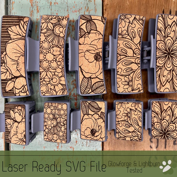 5 Kork Blumendruck Haarspange Bundle SVG Datei für Laser Cutter, große und kleine Klaue Haarspange Design für Laser, Glowforge SVG Datei