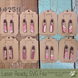 8 Leather Loop and Rectangle Geometric Earring Sets with Earring Cards SVG File for Laser Cutters, Glowforge Ready Jewelry Score Ready Cards