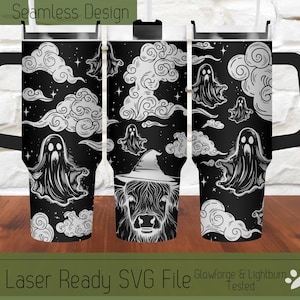 May include: A black and white seamless design featuring ghosts, clouds, and stars. The design is meant to be used on a tumbler or other similar item. The design is laser ready and tested for Glowforge and Lightburn.