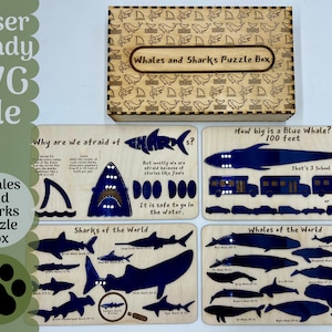 Whale and Shark Puzzle Box SVG file for Glowforge and Laser Cutters, Whale and Shark Puzzle SVG Files, Kid Glowforge Project, Laser Cut Idea