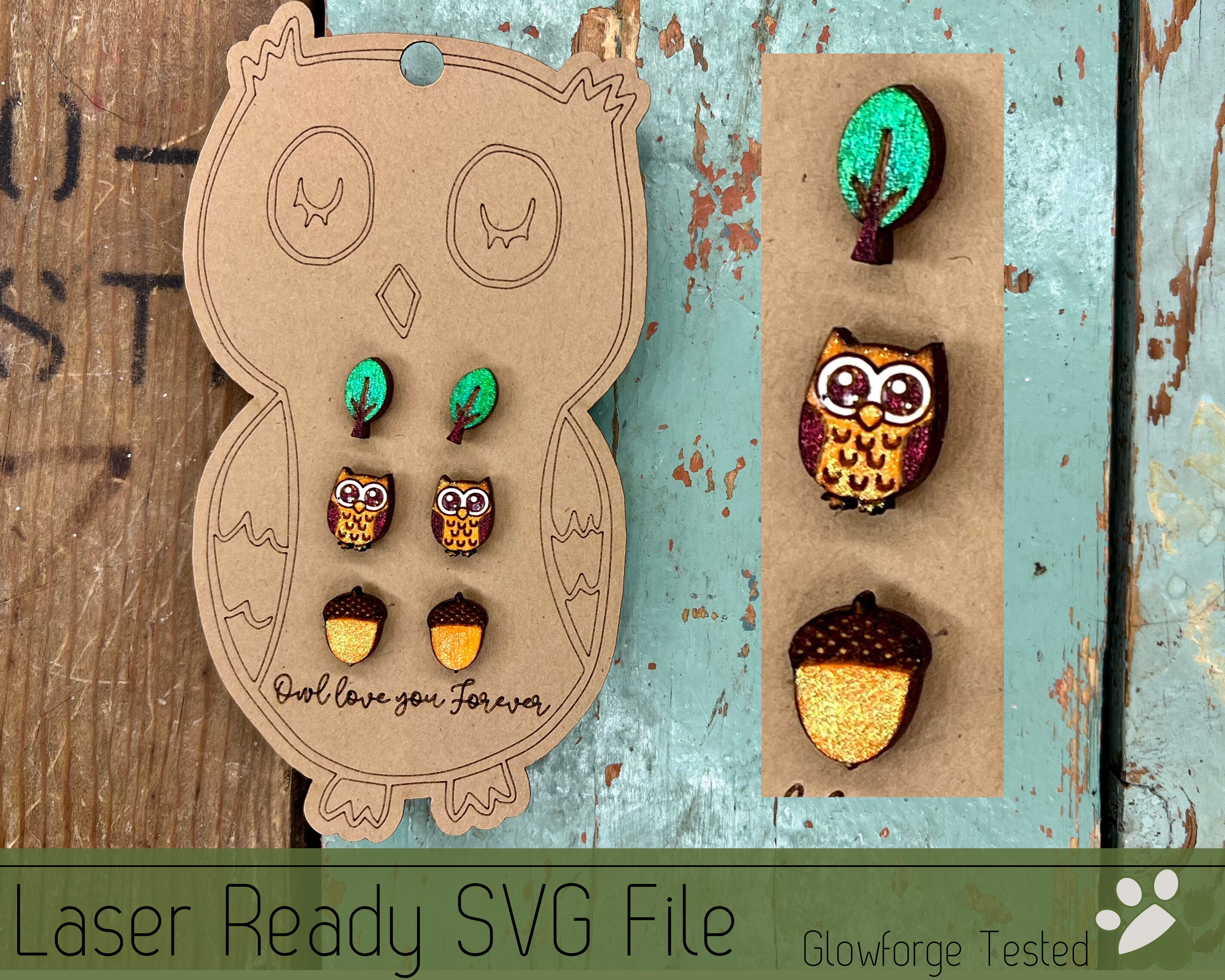 3 Owl Stud Earrings with Earring Card SVG File for Laser Cutters, Glowforge Ready Jewelry File, Incl