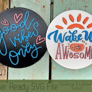 2 Round Sign Set, Inspirational Double Sided Sign Set, Good Vibes, Wake Up and Be Awesome, Interchangeable Round Sign Inserts, Circle Signs