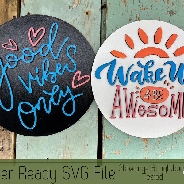 2 Round Sign Set, Inspirational Double Sided Sign Set, Good Vibes, Wake Up and Be Awesome, Interchangeable Round Sign Inserts, Circle Signs
