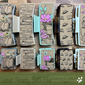 5 Book Lover Floral Hair Clip Bundle SVG File for Laser Cutters, Large and Small Claw Hair Clip Design for Laser, Glowforge SVG File