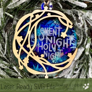 Silent Night Moon and Stars Ornament SVG File for Laser Cutters, Glowforge Ready Ornament, Easy Engrave and Cut, Beautiful Ornament