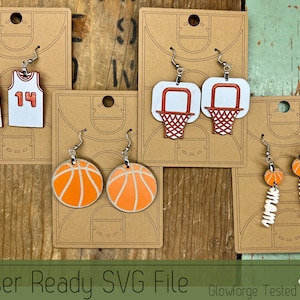 Basketball 4 Earring Set with Earring Cards SVG File for Laser Cutters, Glowforge Ready Jewelry, Score Ready Cards
