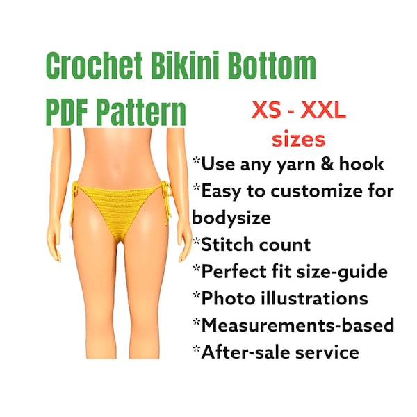 Crochet Bikini Bottom Pattern Custom size| All Sizes extra small, small, medium, large, Xlarge, XX large or larger| Beginner-friendly bikini