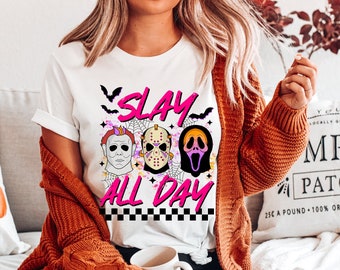 Slay All Day Halloween Shirt: Horror Movie Characters Tee