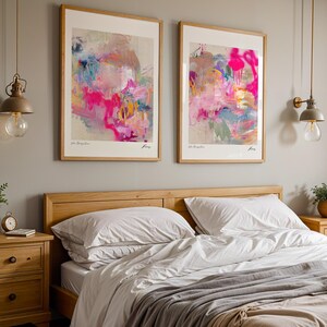 Set of 2 Abstract Prints, Bold, Colouful Bright Pink Dopamine Decor, Contemporary Art Prints for a Bedroom or Living Room. A Perfect Gift.