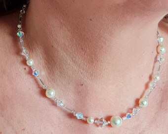 Pearl necklace with Swarovski elements, shimmering necklace, cream and crsitall