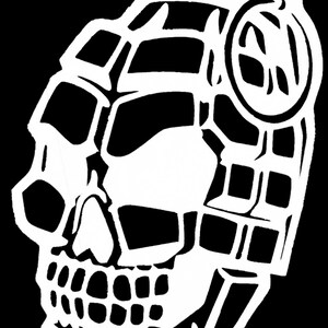 May include: A black and white illustration of a skull with a grenade on top of its head. The skull is wearing a bandana and has a menacing expression.