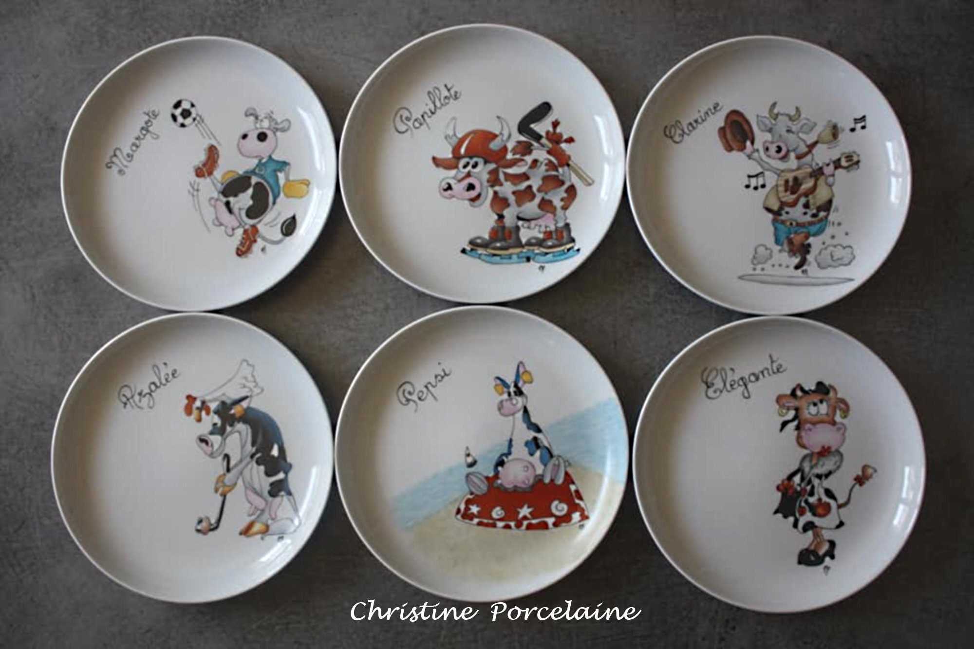 Assiettes à Fromage ou Dessert Par 6 en Porcelaine Peinte La Main Décor Vaches Rigolotes, Humoristiq
