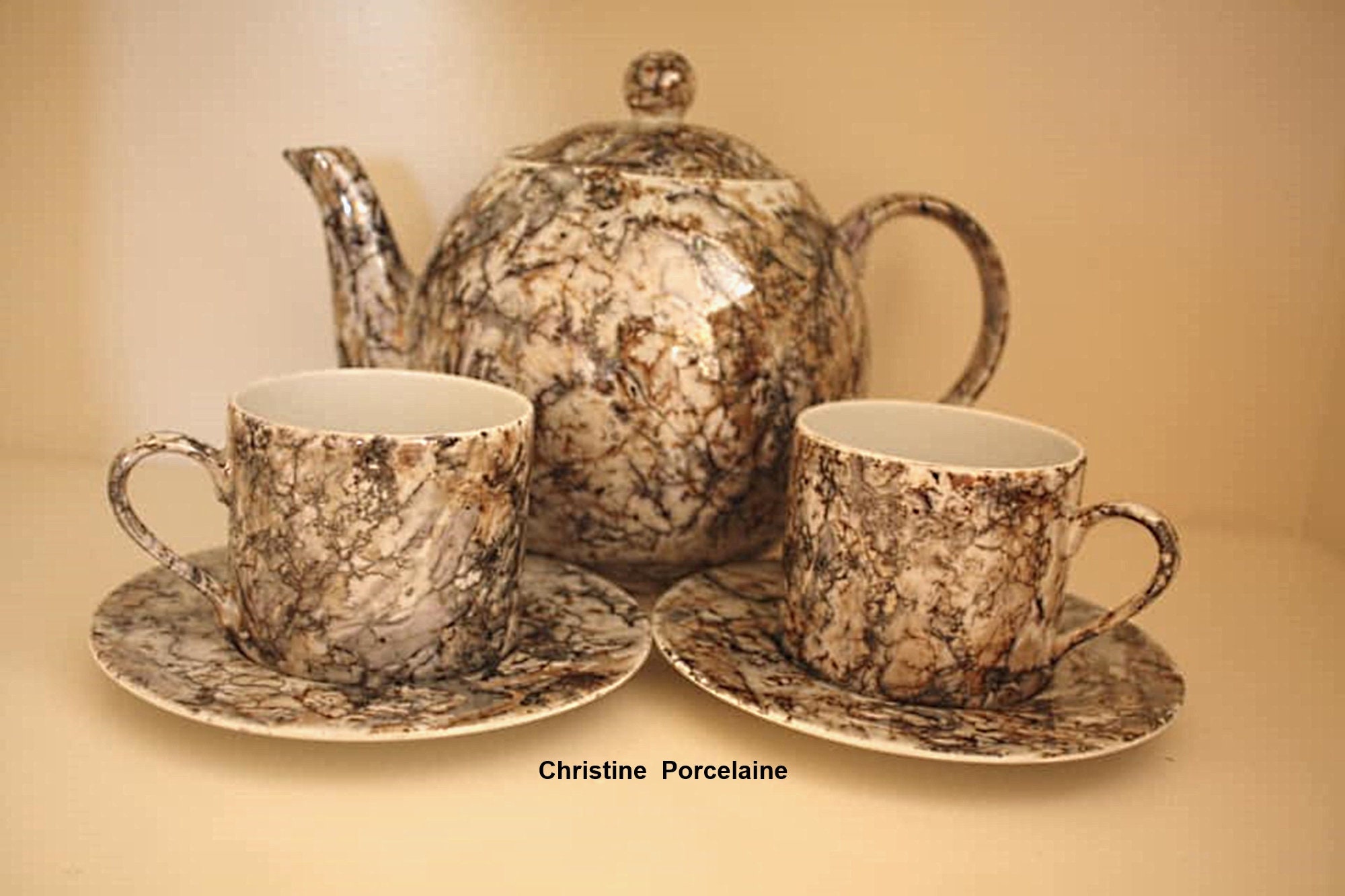 Théière Boule d'1, 5L et Ses 2 Tasses Empire en Porcelaine Peinte à La Main, Décor Marbré Imitation