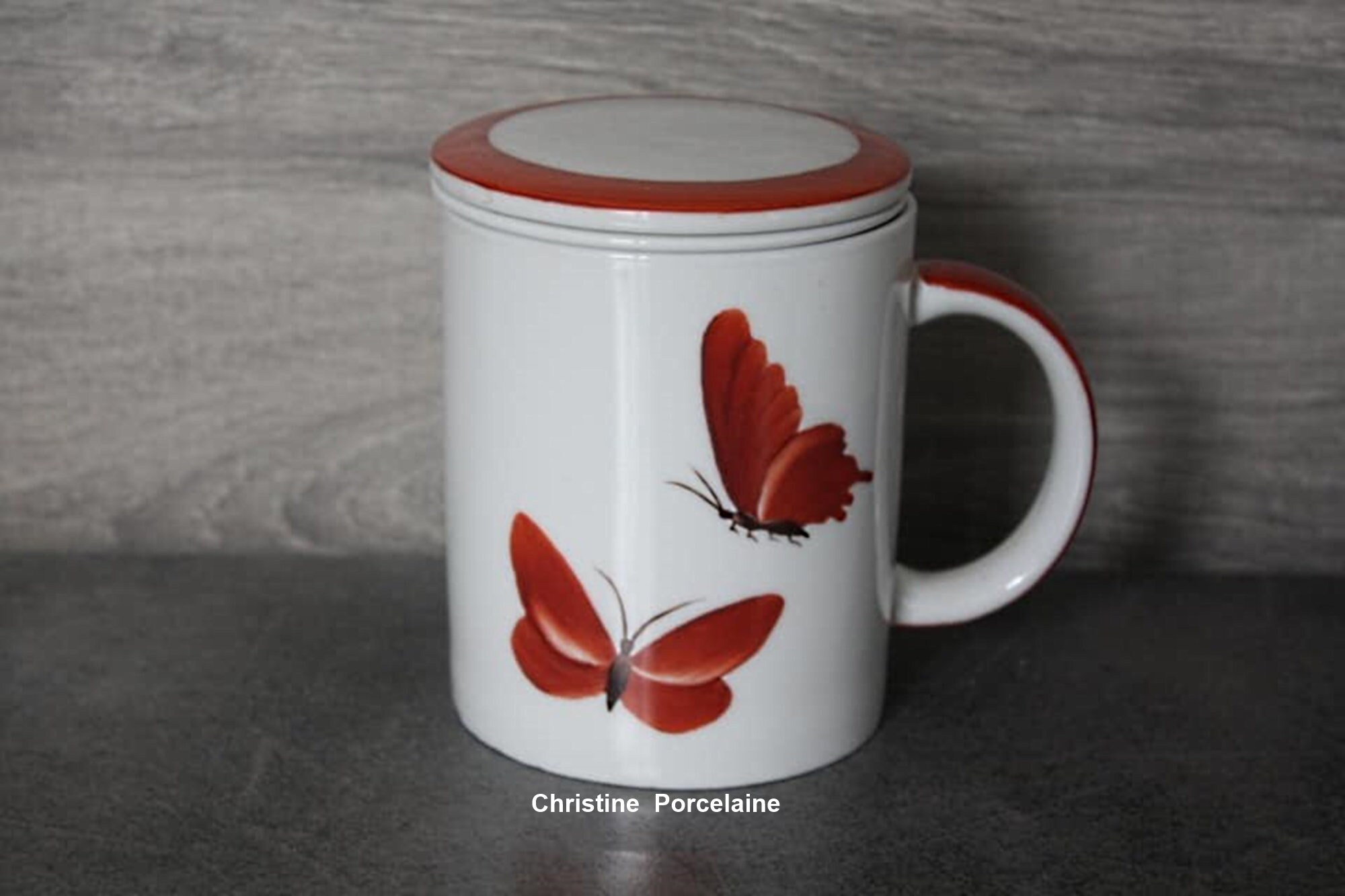 Tisanière Mug avec Filtre en Porcelaine Peinte à La Main Décor Papillons Brun Rouge
