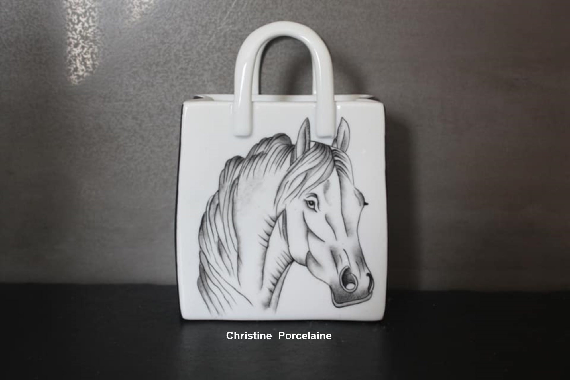 Sac Cabas Vide Poche en Porcelaine Fine Peinte à La Main Décor Cheval | d'autres Décors Sont Disponi