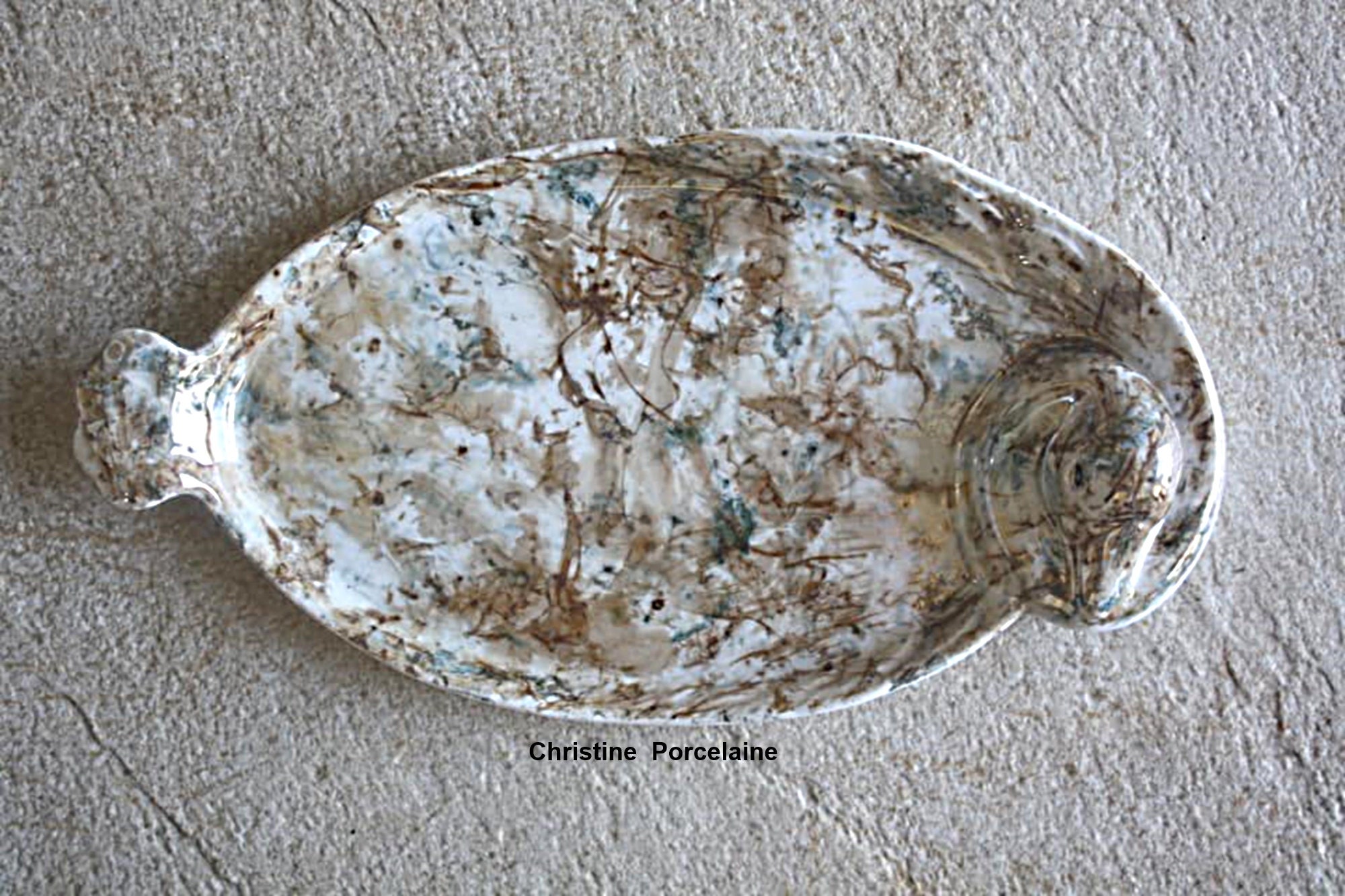 Plat Canard en Porcelaine Fine Peinte à La Main Décor Marbré Irisé, Imitation Pierre, Marron, Beige 