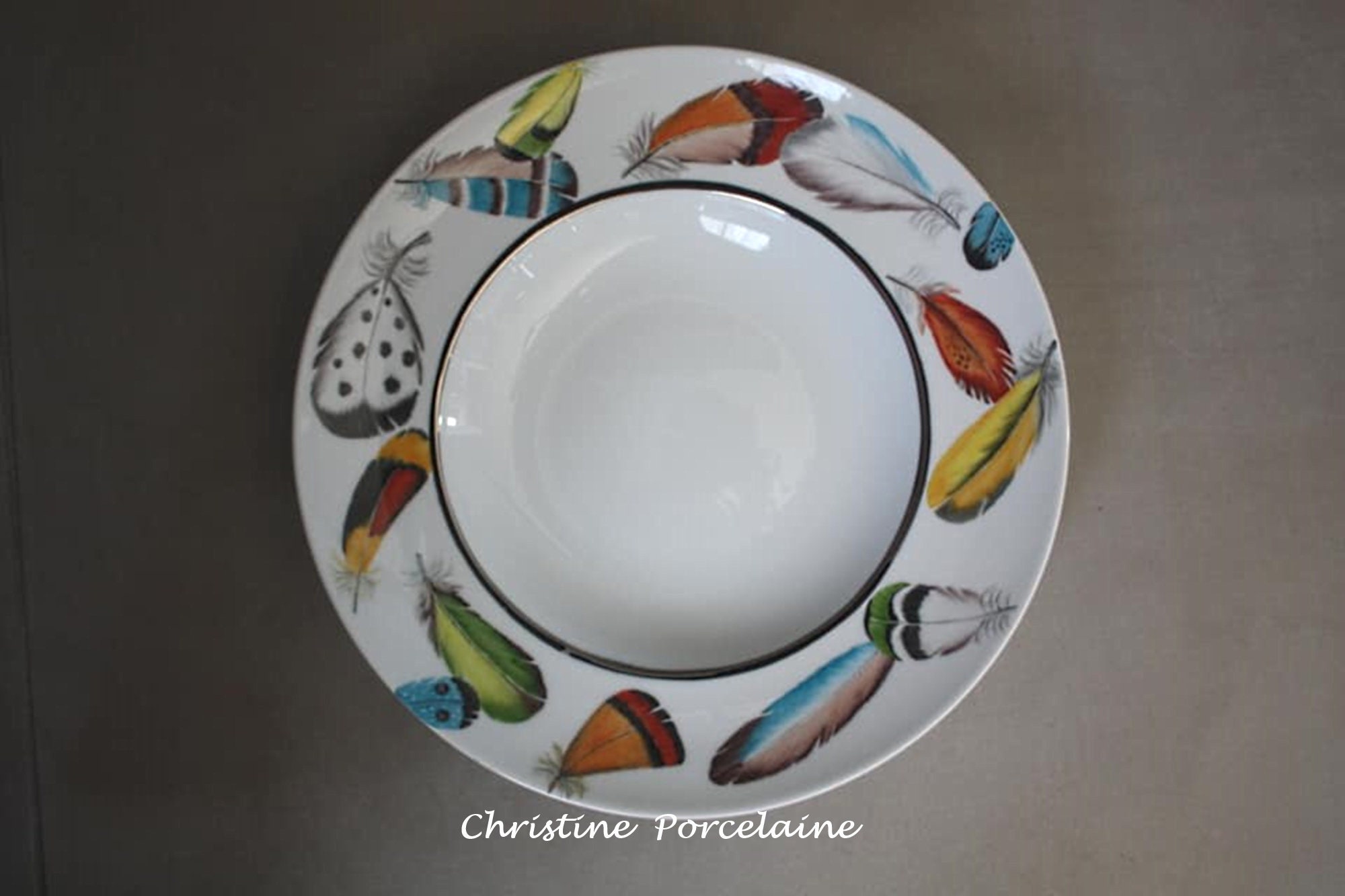 Centre de Table Assiette Creuse en Porcelaine Peinte à La Main Décor Plumes Multicolores, Céramique 