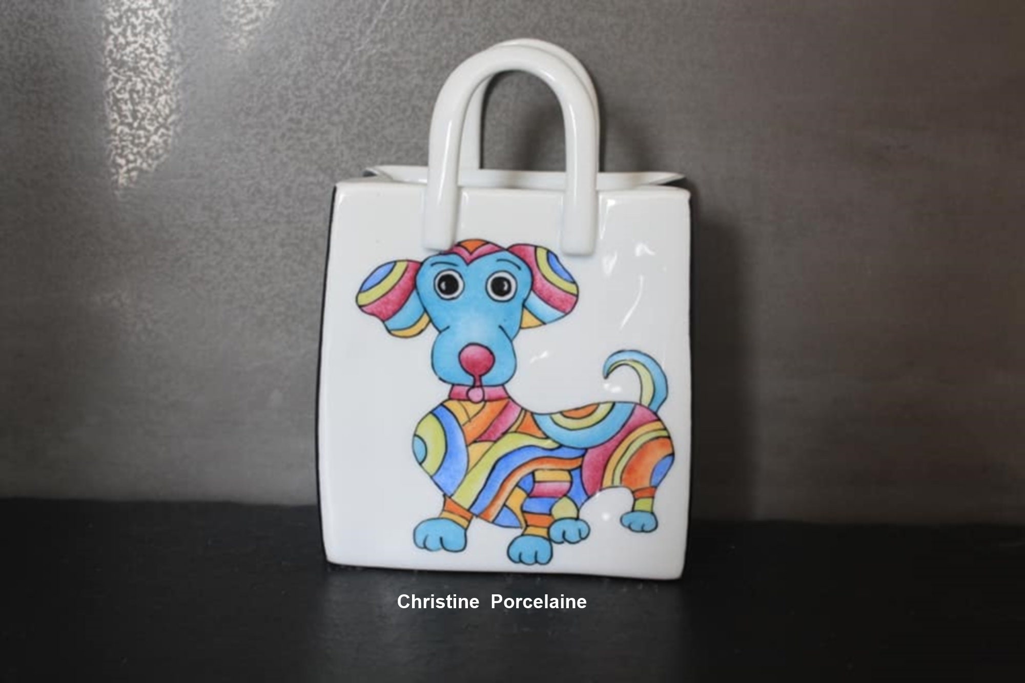 Sac Cabas en Porcelaine Fine Peinte à La Main Décor Chien Multicolore | d'autres Décors Sont Disponi
