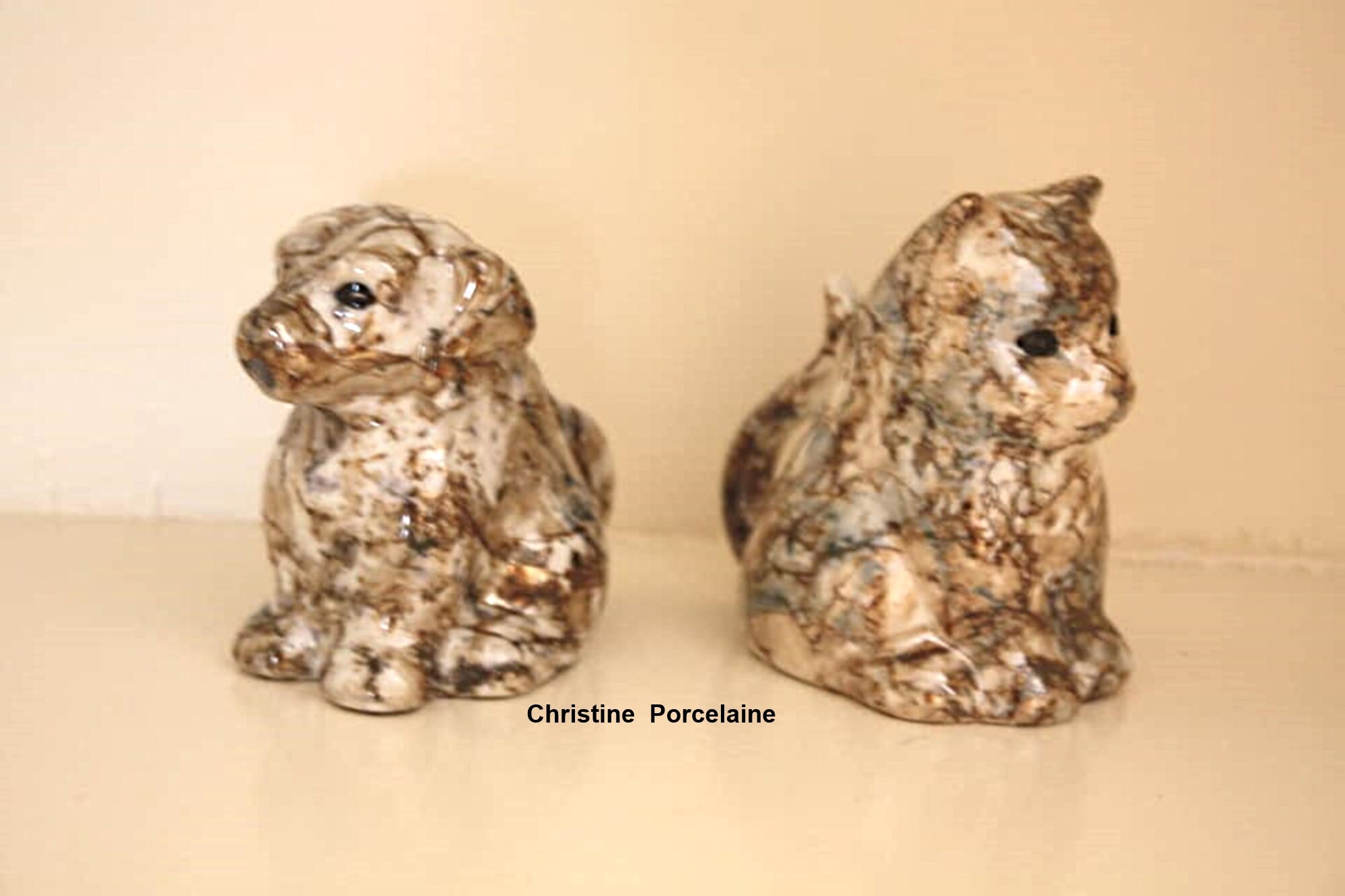 Chien ou Chat Crémier en Porcelaine Peinte à La Main, Décor Marbré Irisé, Imitation Pierre, Marron, 
