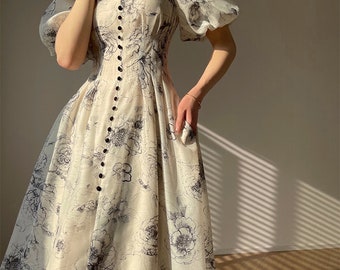 Renaissance Dress Milkmaid Dress Fairy Wedding Dress Floral A Line Summer Puff Sleeves
