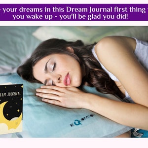 May include: A black and yellow dream journal with a crescent moon and stars on the cover. The journal is lying on a bed next to a person sleeping.