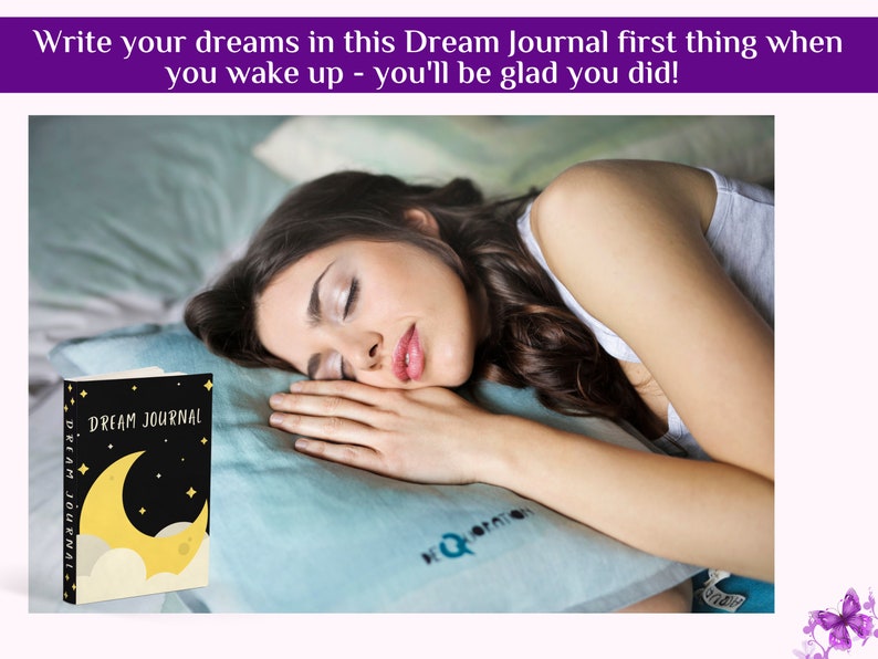 May include: A black and yellow dream journal with a crescent moon and stars on the cover. The journal is lying on a bed next to a person sleeping.