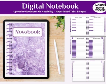 Digital Notebook with 10 Hyperlinked Tabs Each With Different Shades of Purple | Goodnotes Notebook | Minimalist Notebook