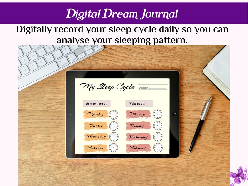 May include: A digital sleep cycle tracker on a tablet screen. The app is titled "My Sleep Cycle" and has a section for recording the time you went to sleep and woke up each day of the week. The app has a clock icon for each day of the week.