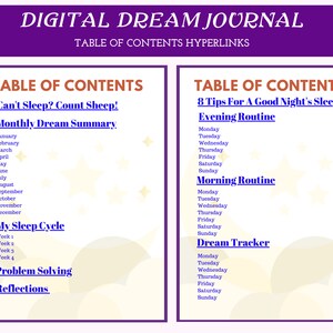 May include: A purple and white digital dream journal with a table of contents for tracking sleep, dreams, and reflections. The table of contents includes sections for "Can't Sleep? Count Sheep!", "Monthly Dream Summary", "My Sleep Cycle", "Problem Solving", and "Reflections".