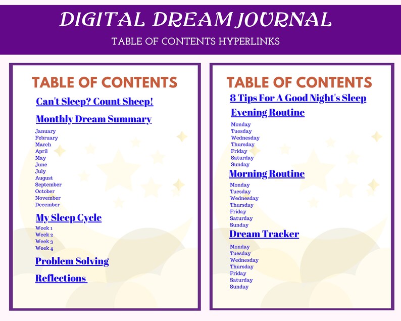 May include: A purple and white digital dream journal with a table of contents for tracking sleep, dreams, and reflections. The table of contents includes sections for "Can't Sleep? Count Sheep!", "Monthly Dream Summary", "My Sleep Cycle", "Problem Solving", and "Reflections".